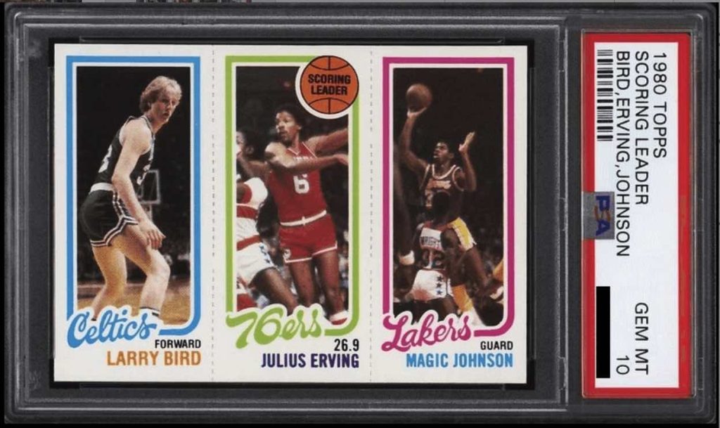 1980 Topps Scoring Leader featuring Bird, Erving, and Johnson in PSA 10