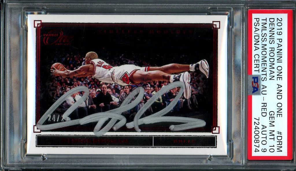 Dennis Rodman 2019 Panini One and One Timeless Moments Auto Red, Numbered to 25 PSA 10 Auto 9