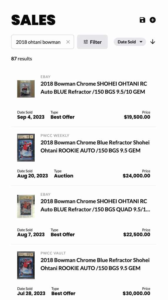 Example sales comps of 2018 Bowman Chrome Shohei Ohtani Blue Refractor Auto BGS 9.5, ordered most recent first (via CardLadder)