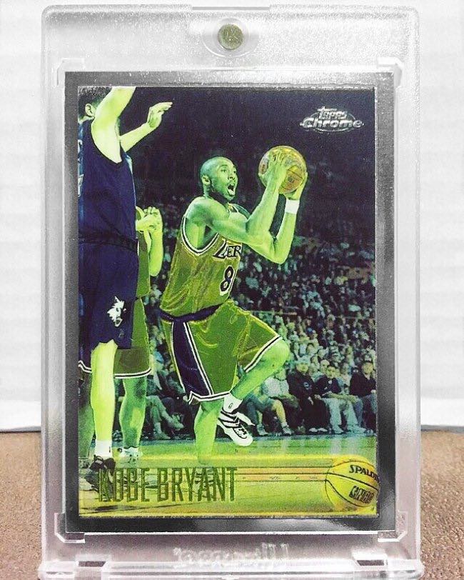A 1996 Topps Chrome Kobe Bryant RC card which has suffered from greening (Blowout Forums)