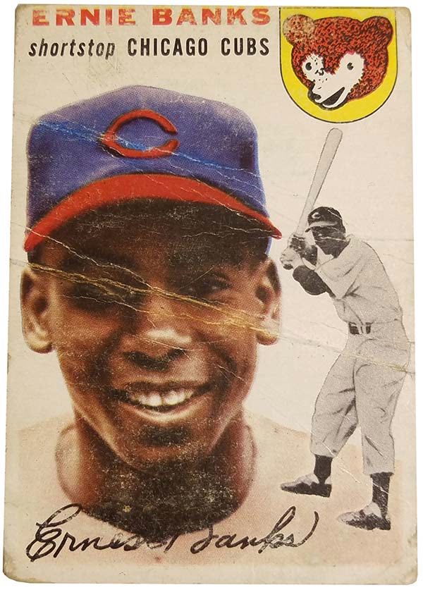 An Ernie Banks card, with multiple strongly visible creases right down the middle