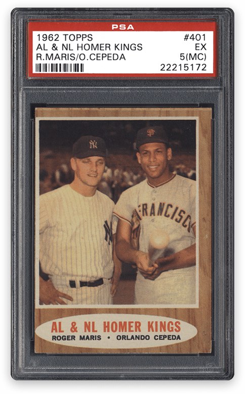 A PSA card with the miscut qualifier: 1962 Topps AL & NL Homer Kings Roger Maris and Orlando Cepeda PSA 5 (MC)